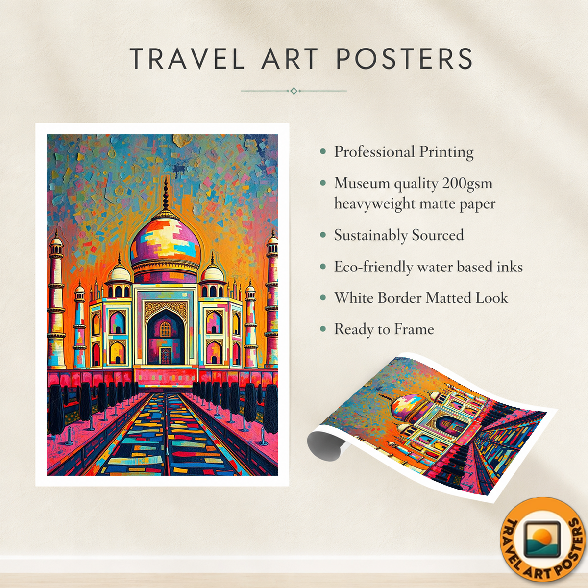 Taj Mahal Patch Style - Agra - India - Travel Wall Art Print Poster - Art Print - Travel Art Poster
