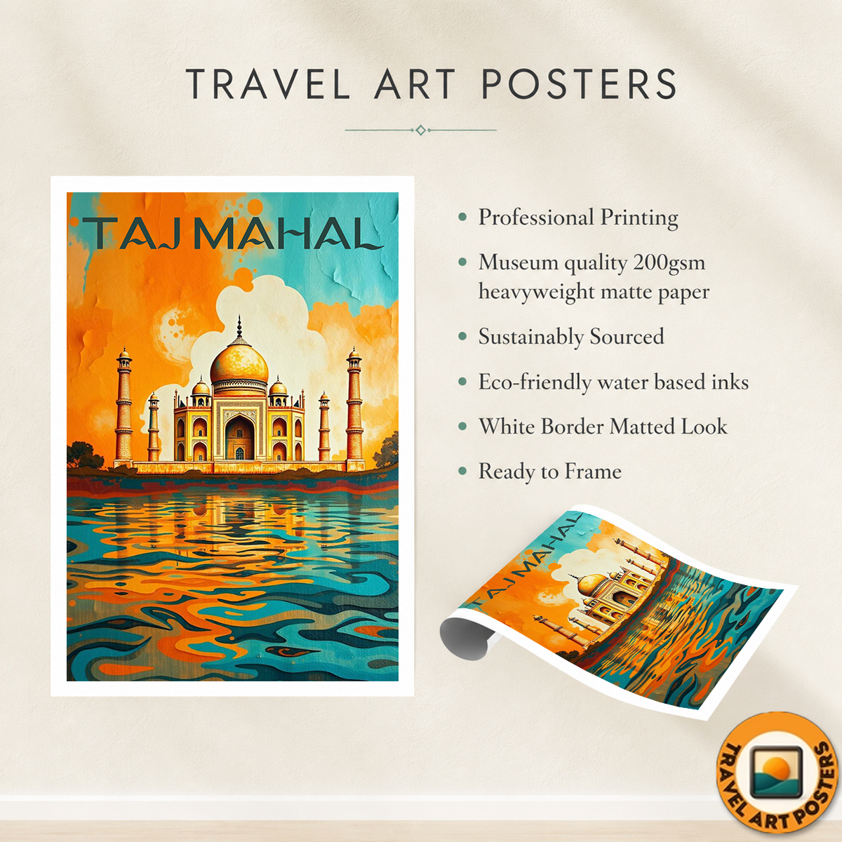 Taj Mahal Wavy Style - Agra - India - Travel Wall Art Print Poster - Art Print - Travel Art Poster