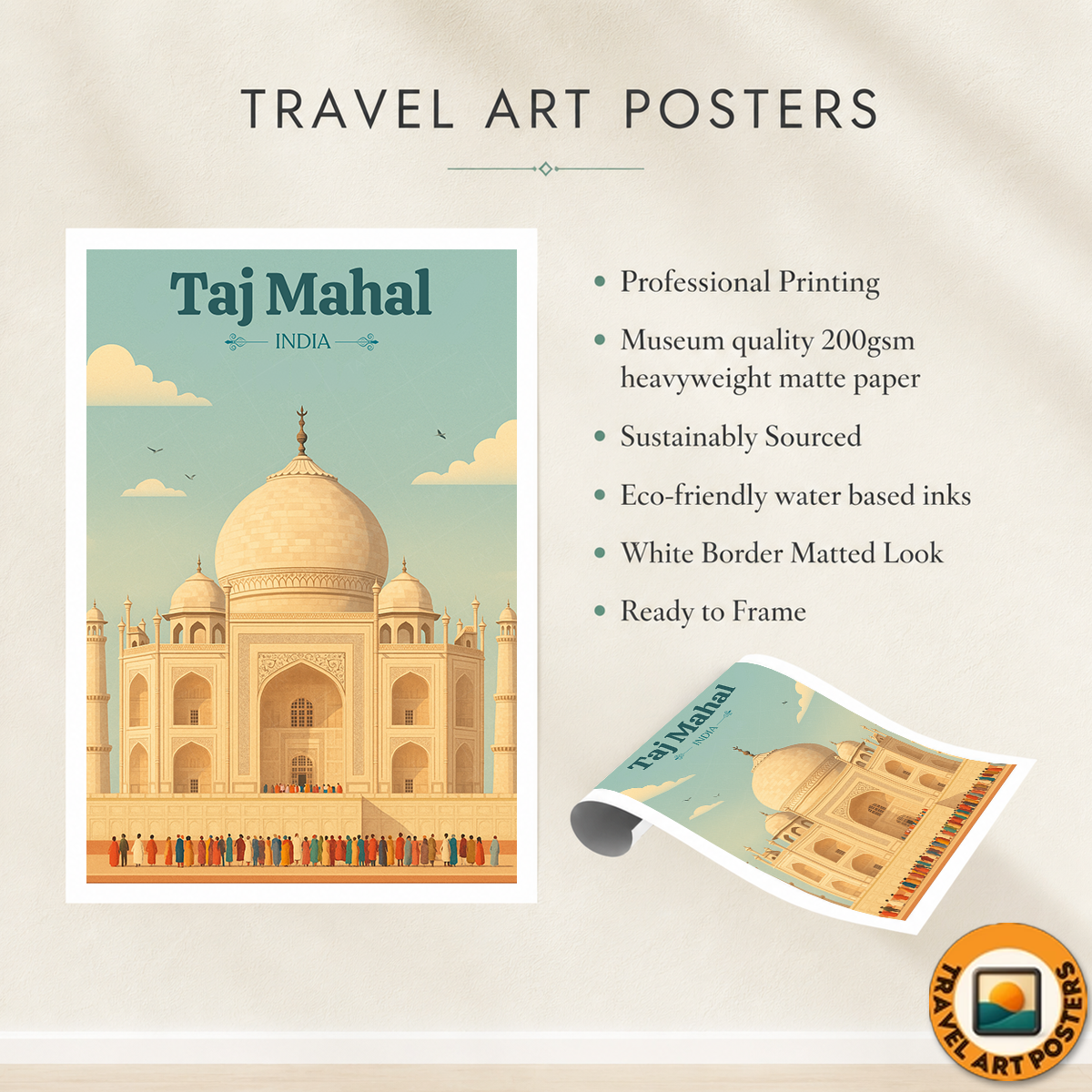 Taj Mahal Teardrop on the Cheek of Time - Agra - Travel Wall Art Print Poster - Art Print - Travel Art Poster