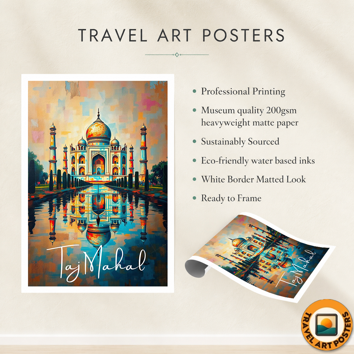 Beautiful Taj Mahal - Agra - India - Travel Wall Art Print Poster - Art Print - Travel Art Poster