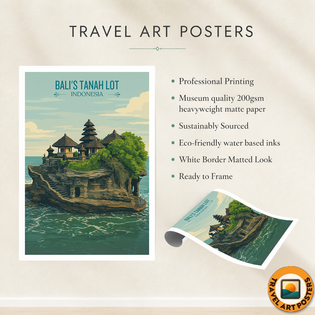 Bali's Tanah Lot - Indonesia - Travel Art Wall Deco Poster - Art Print - Travel Art Poster