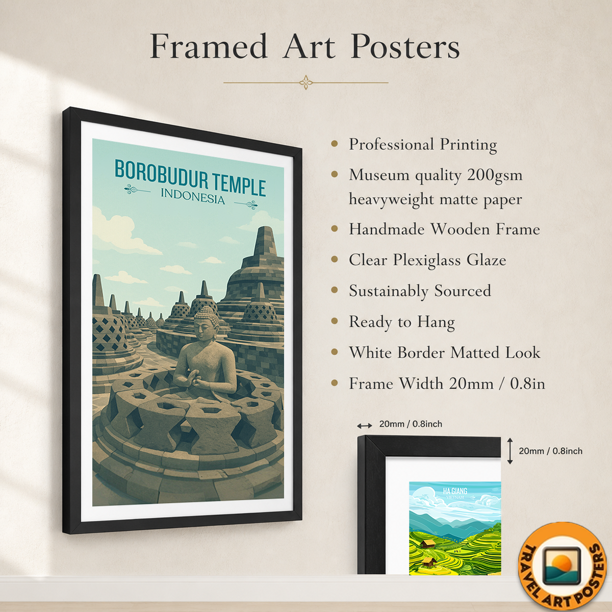 Borobudur Temple - Indonesia - Travel Art Wall Deco Poster - Art Print - Travel Art Poster