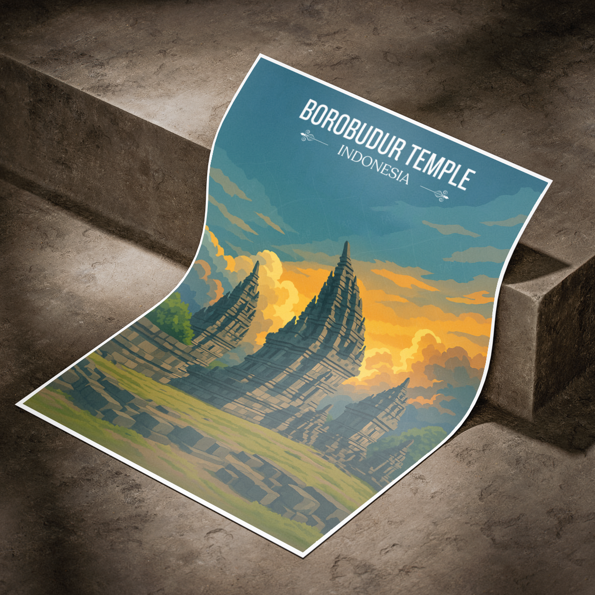 Borobudur Temples - Indonesia - Travel Art Wall Deco Poster - Art Print - Travel Art Poster