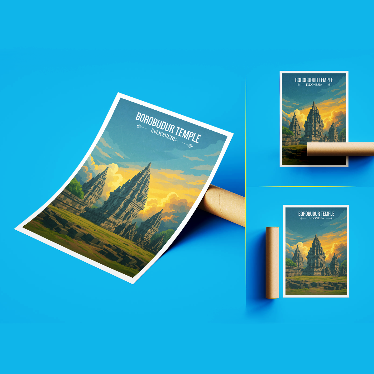 Borobudur Temples - Indonesia - Travel Art Wall Deco Poster - Art Print - Travel Art Poster