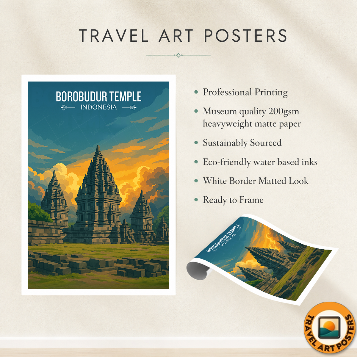 Borobudur Temples - Indonesia - Travel Art Wall Deco Poster - Art Print - Travel Art Poster