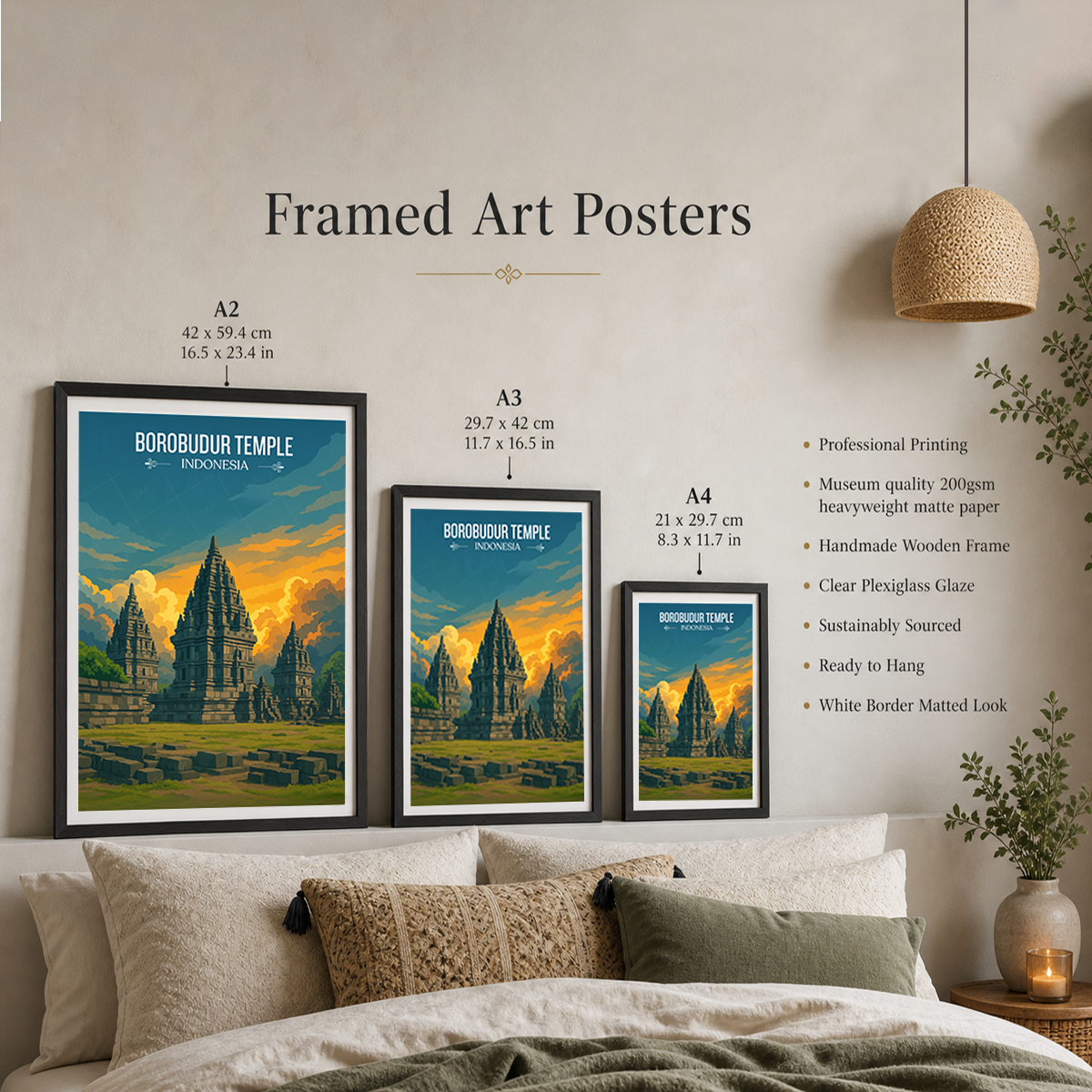 Borobudur Temples - Indonesia - Travel Art Wall Deco Poster - Art Print - Travel Art Poster