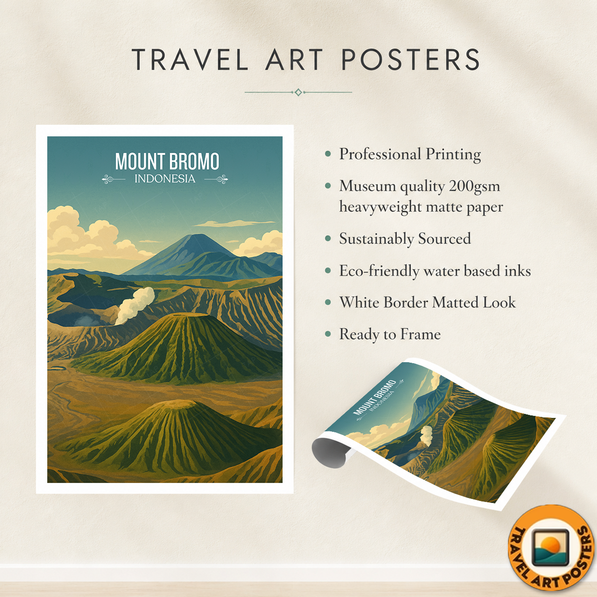 Mount Bromo - Indonesia - Travel Art Wall Deco Poster - Art Print - Travel Art Poster