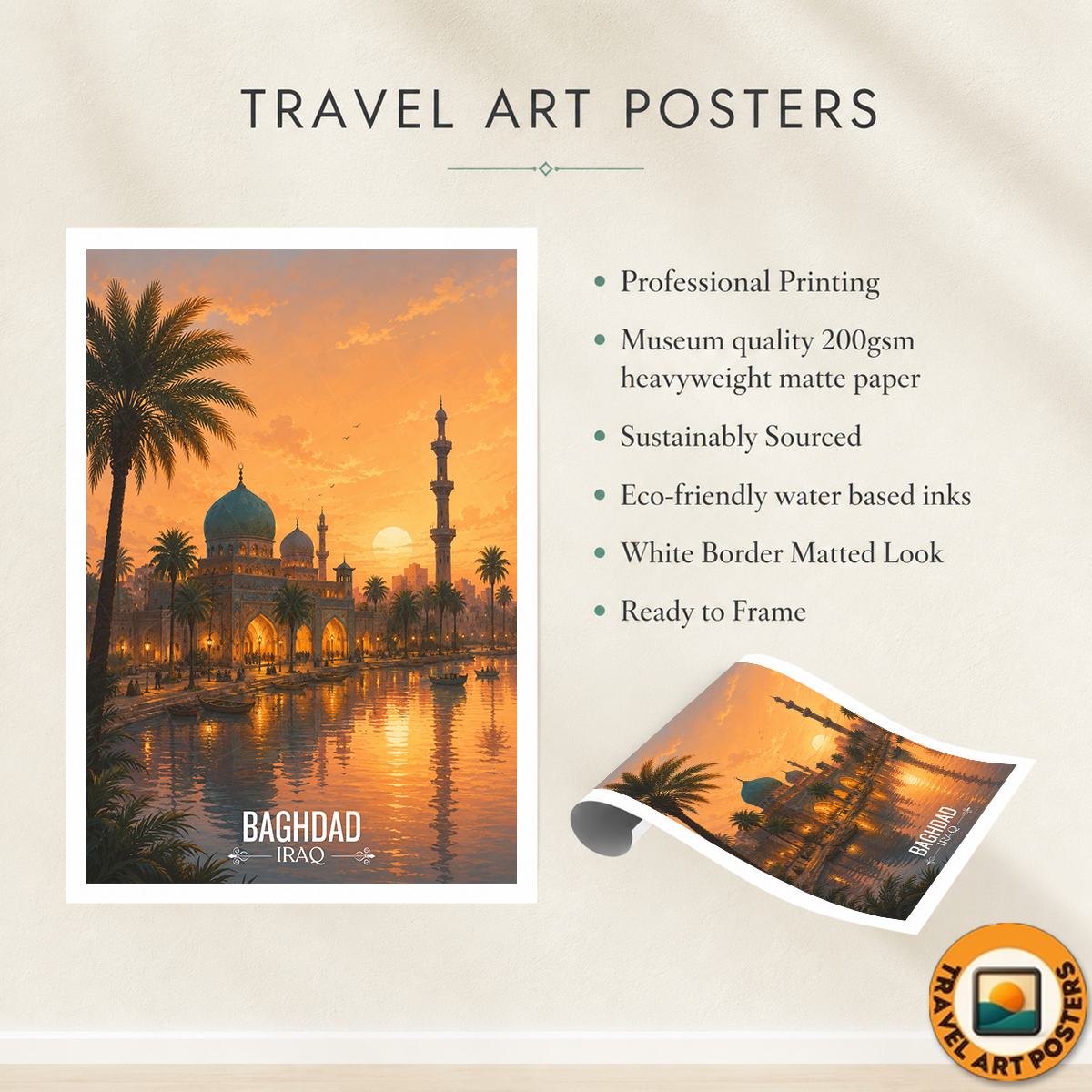 Baghdad Mosque - Iraq - Travel Art Wall Deco Poster - Art Print - Travel Art Poster