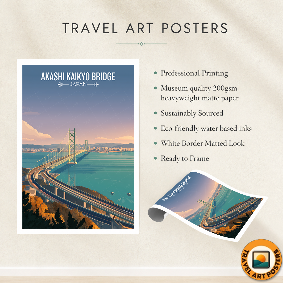 Akashi Strait Bridge - Japan - Travel Art Wall Deco Poster - Art Print - Travel Art Poster