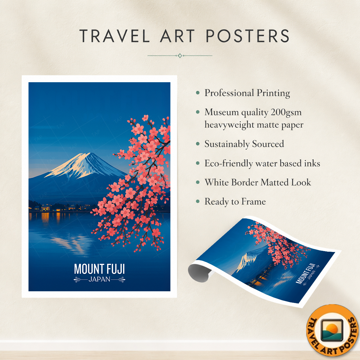 Fuji Lotus Peak - Japan - Travel Art Wall Deco Poster - Art Print - Travel Art Poster