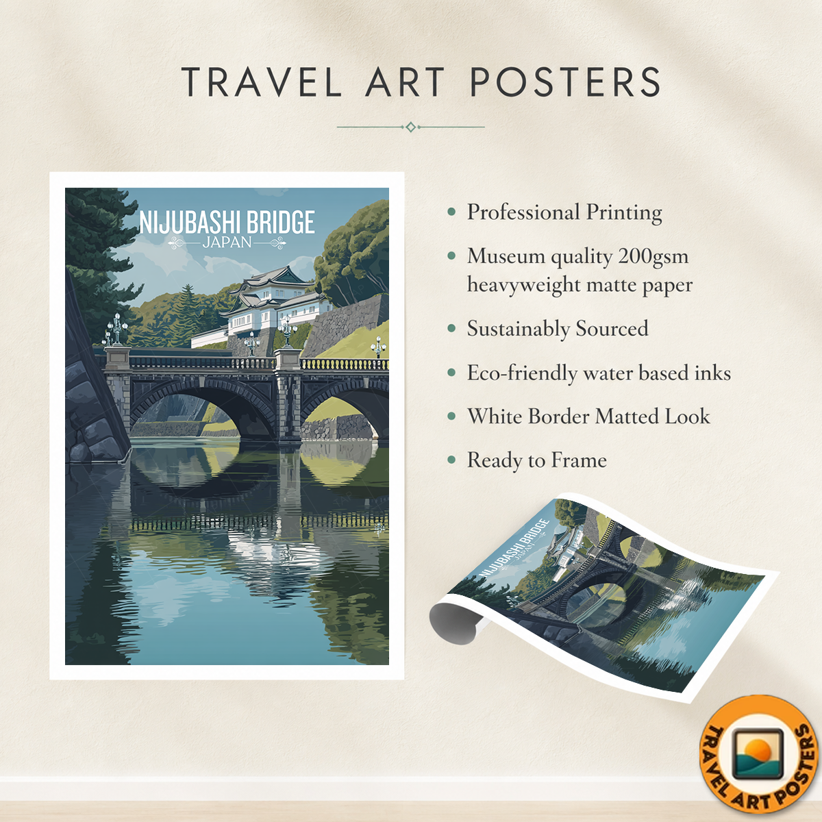 Nijubashi Bridge - Japan - Travel Art Wall Deco Poster - Art Print - Travel Art Poster