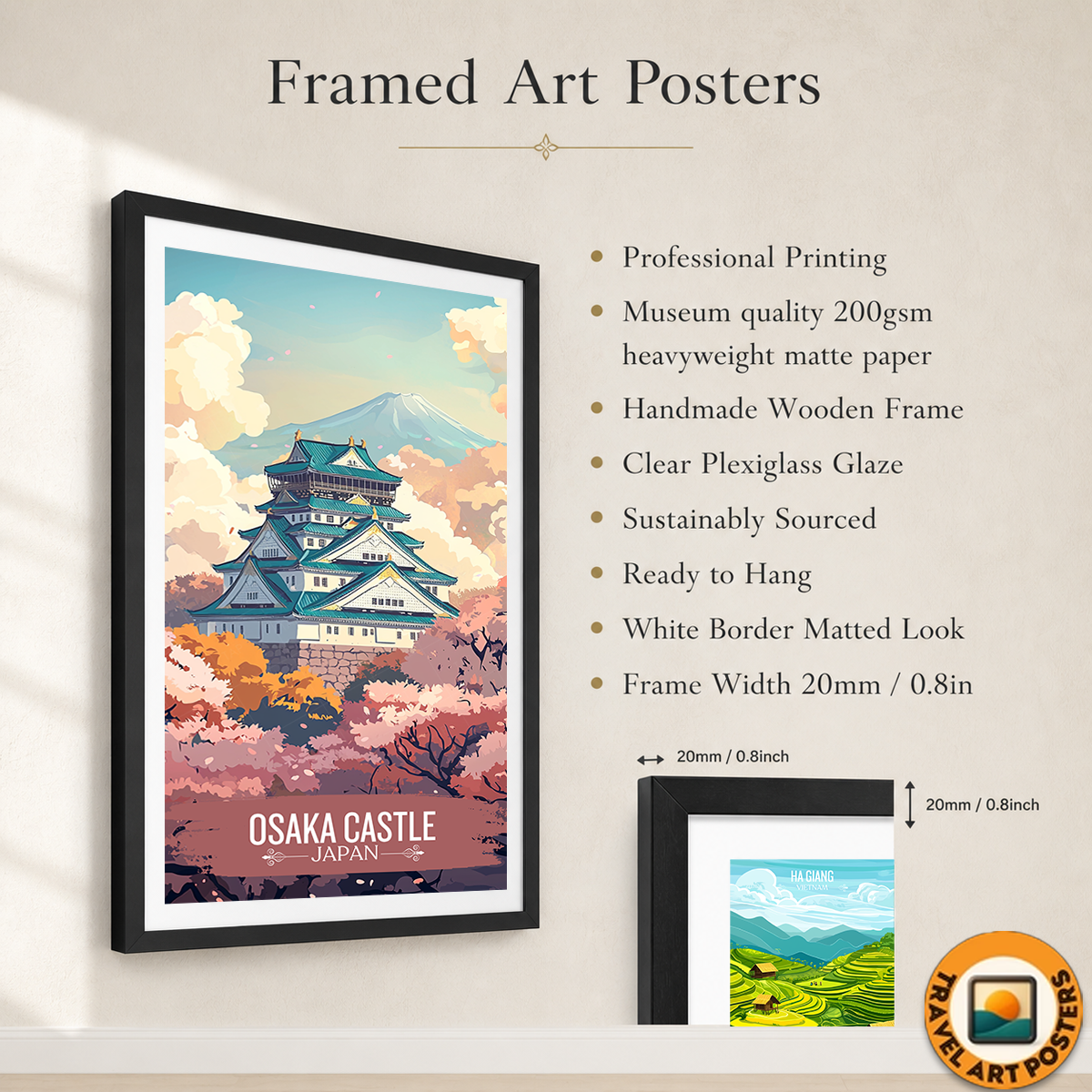 Osaka Castle Sakura - Japan - Travel Art Wall Deco Poster - Art Print - Travel Art Poster