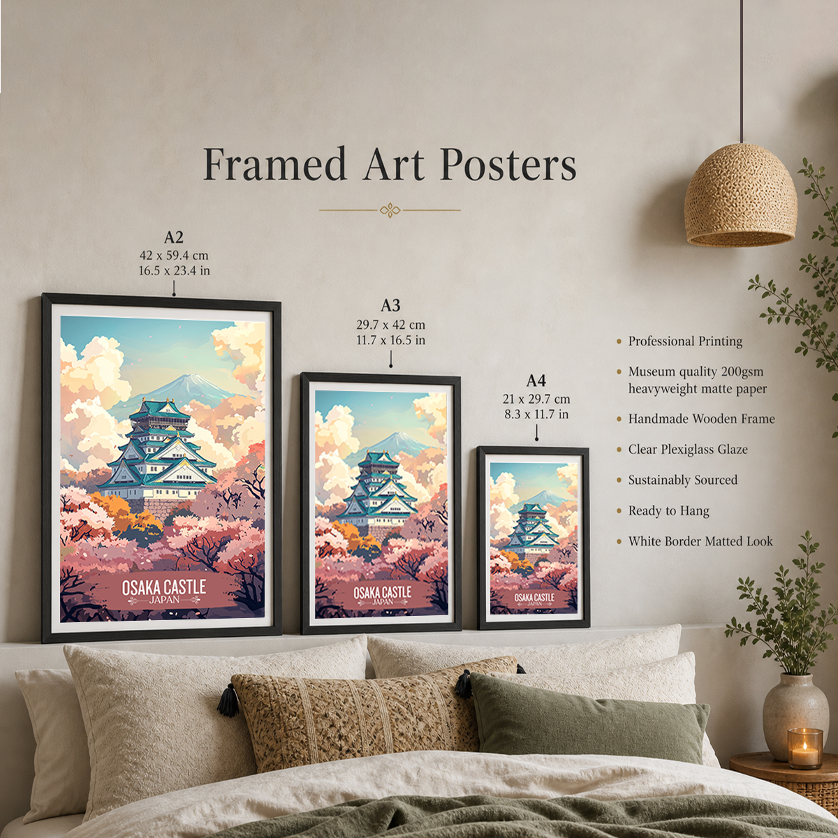 Osaka Castle Sakura - Japan - Travel Art Wall Deco Poster - Art Print - Travel Art Poster