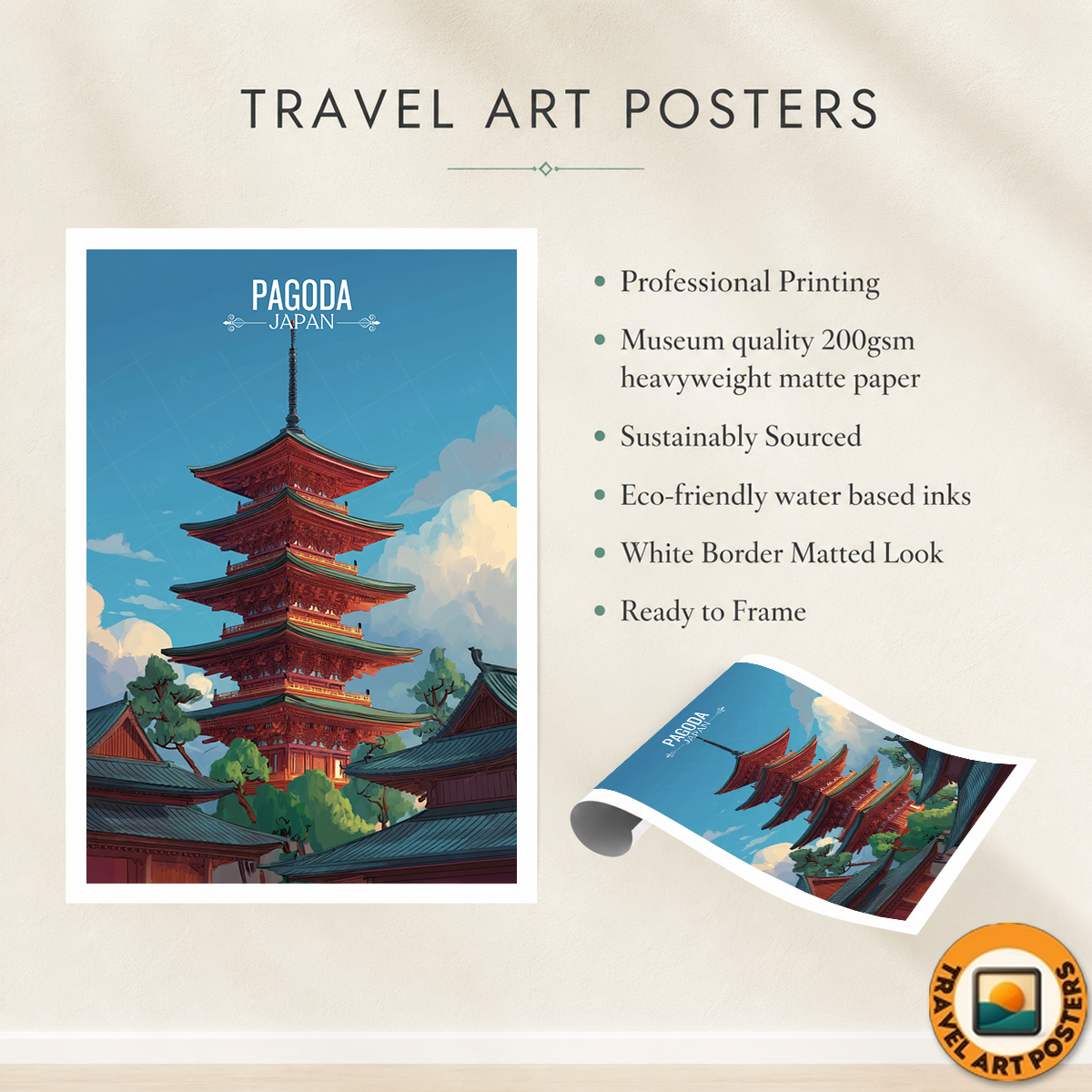 Pagoda - Japan - Travel Art Wall Deco Poster - Art Print - Travel Art Poster