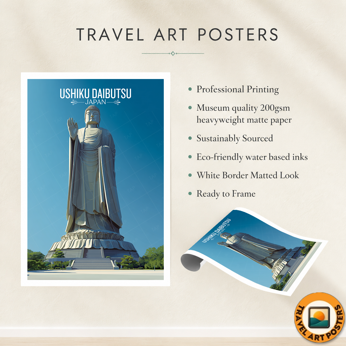 Ushiku Daibutsu - Japan - Travel Art Wall Deco Poster - Art Print - Travel Art Poster