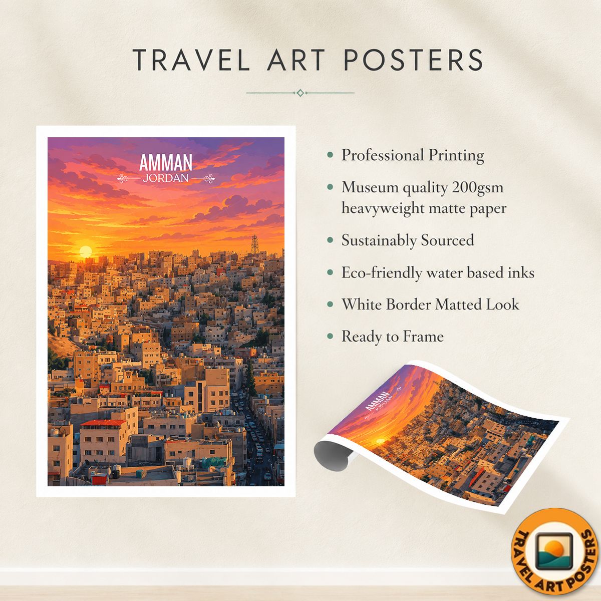 Amman City - Jordan - Travel Art Wall Deco Poster - Art Print - Travel Art Poster