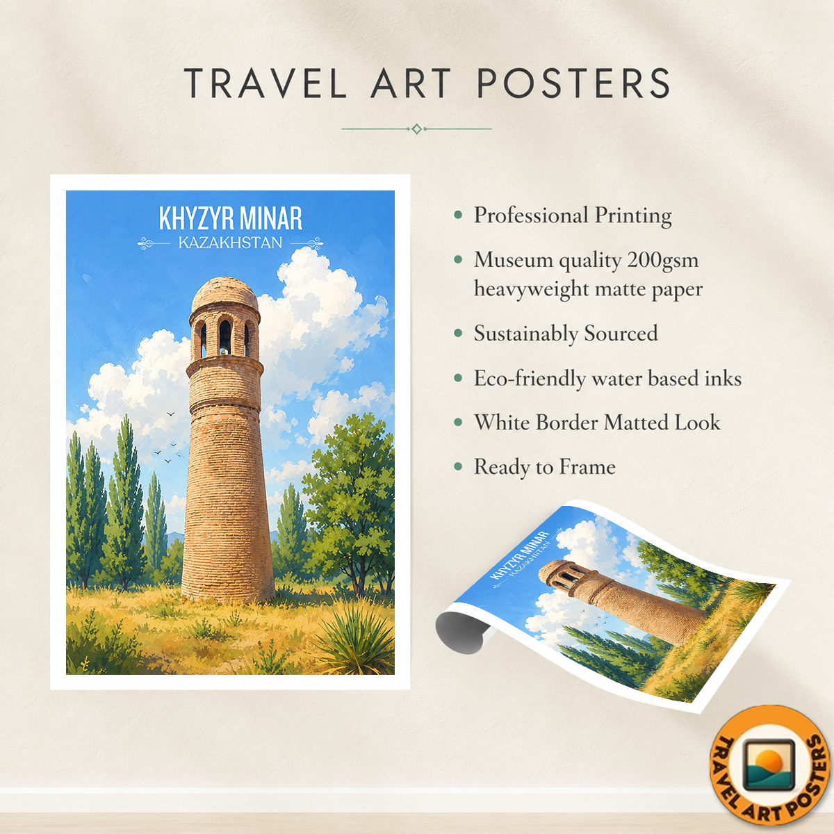 Khyzyr Minar - Kazakhstan - Travel Art Wall Deco Poster Print - Art Print - Travel Art Poster