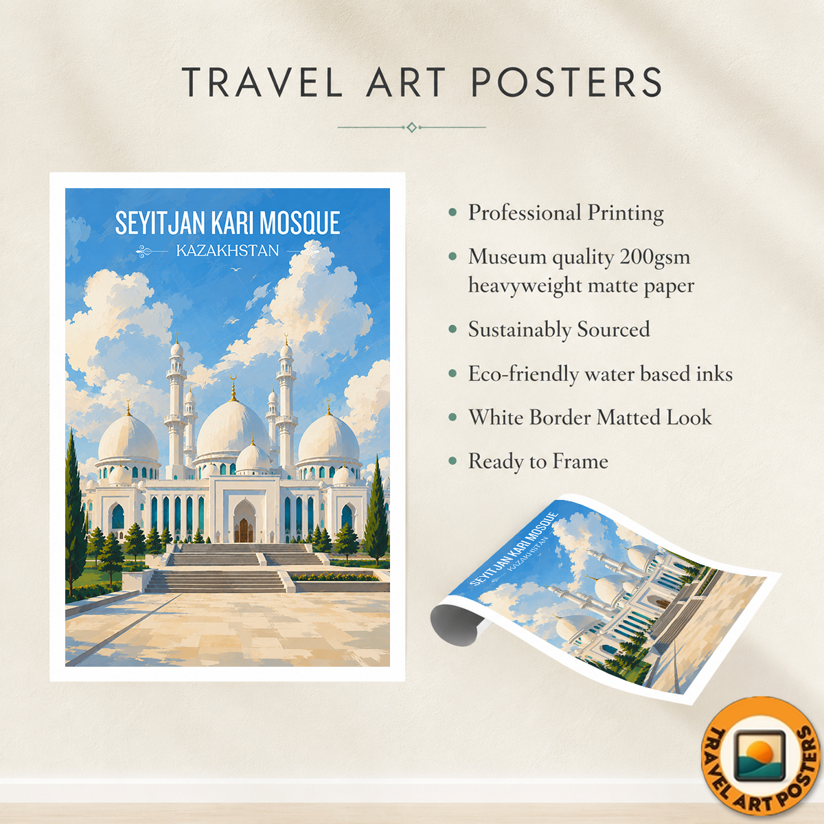 Seyitjan Kari Mosque - Kazakhstan - Travel Art Wall Deco Poster Print - Art Print - Travel Art Poster