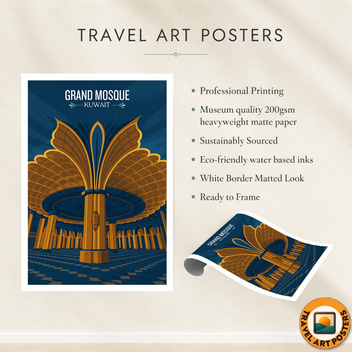 Grand Mosque - Kuwait - Travel Art Wall Deco Poster Print - Art Print - Travel Art Poster