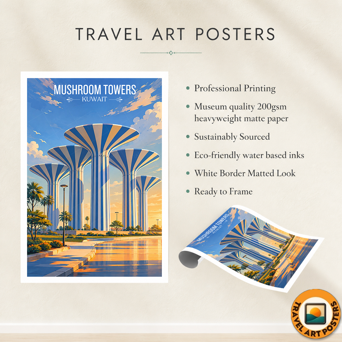 Mushroom Towers - Kuwait - Travel Art Wall Deco Poster Print - Art Print - Travel Art Poster