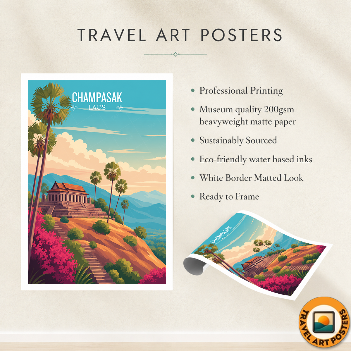Champasak - Laos - Travel Art Wall Decor Poster Print - Art Print - Travel Art Poster