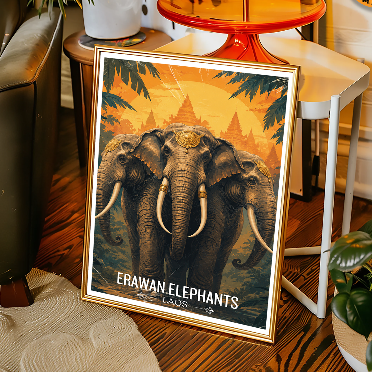 Erawan Elephants - Laos - Travel Art Wall Decor Poster Print - Art Print - Travel Art Poster
