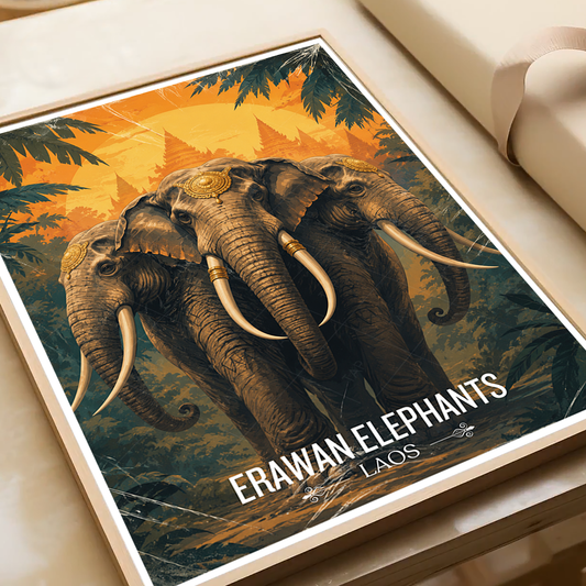 Erawan Elephants - Laos - Travel Art Wall Decor Poster Print - Art Print - Travel Art Poster