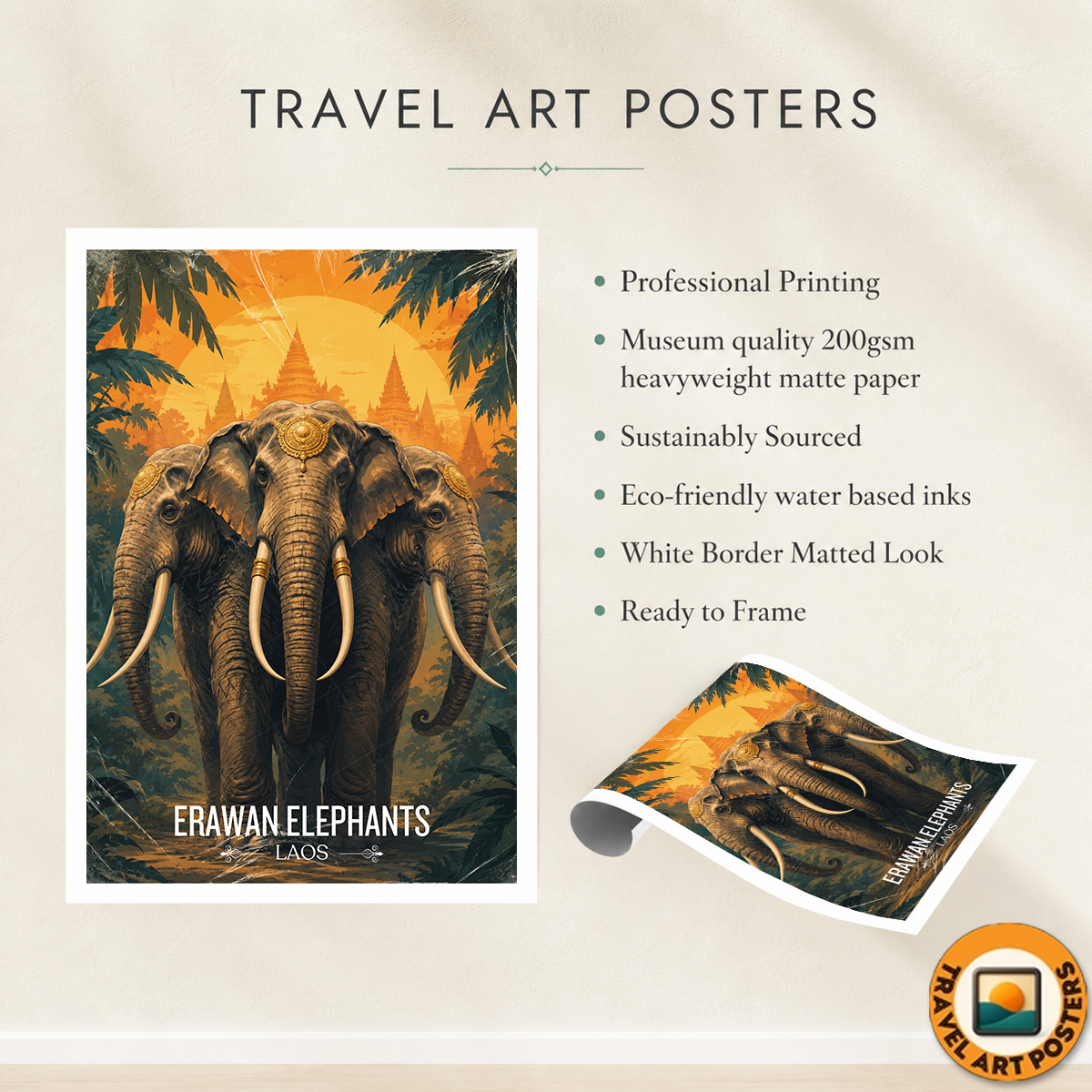 Erawan Elephants - Laos - Travel Art Wall Decor Poster Print - Art Print - Travel Art Poster