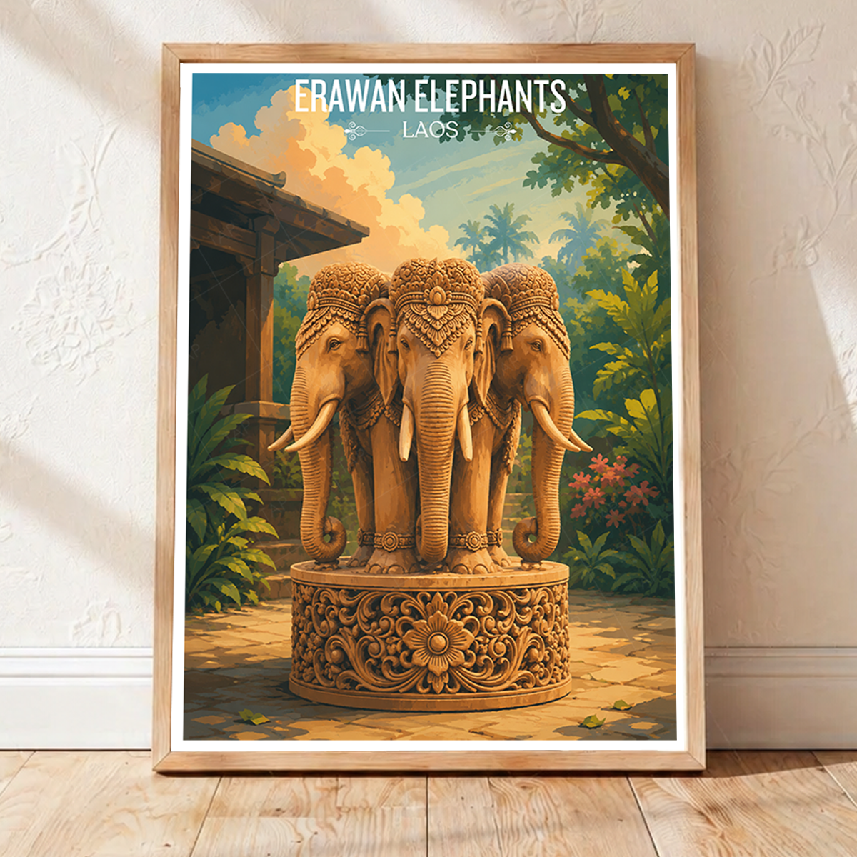 Erawan Triple Elephants - Laos - Travel Art Wall Decor Poster Print - Art Print - Travel Art Poster