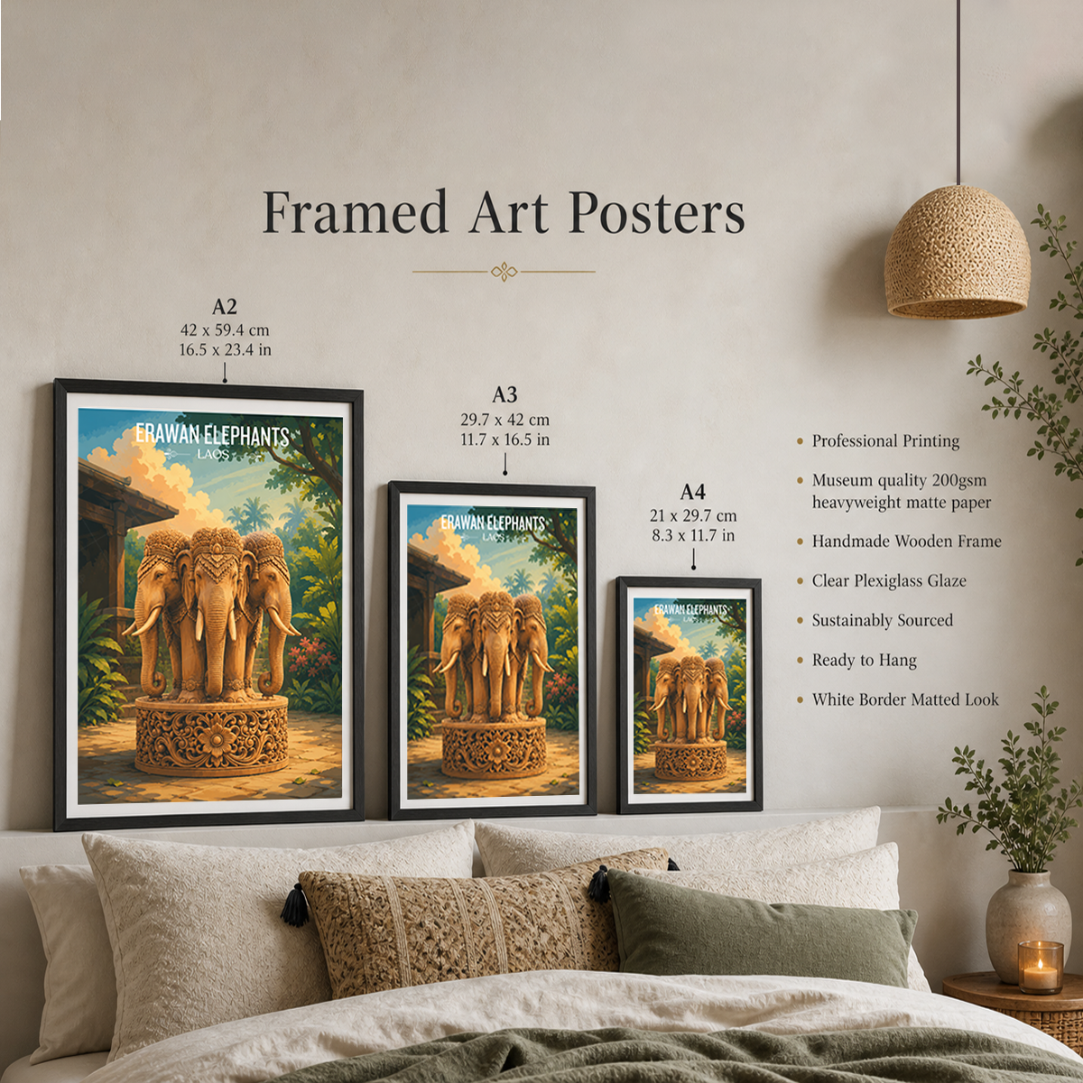 Erawan Triple Elephants - Laos - Travel Art Wall Decor Poster Print - Art Print - Travel Art Poster