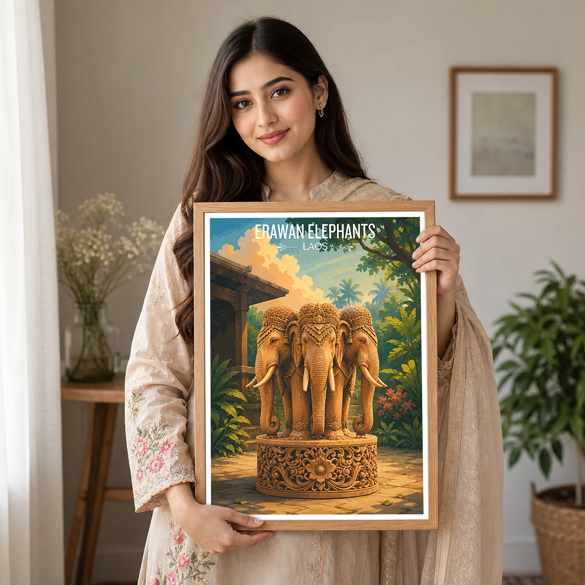 Erawan Triple Elephants - Laos - Travel Art Wall Decor Poster Print - Art Print - Travel Art Poster