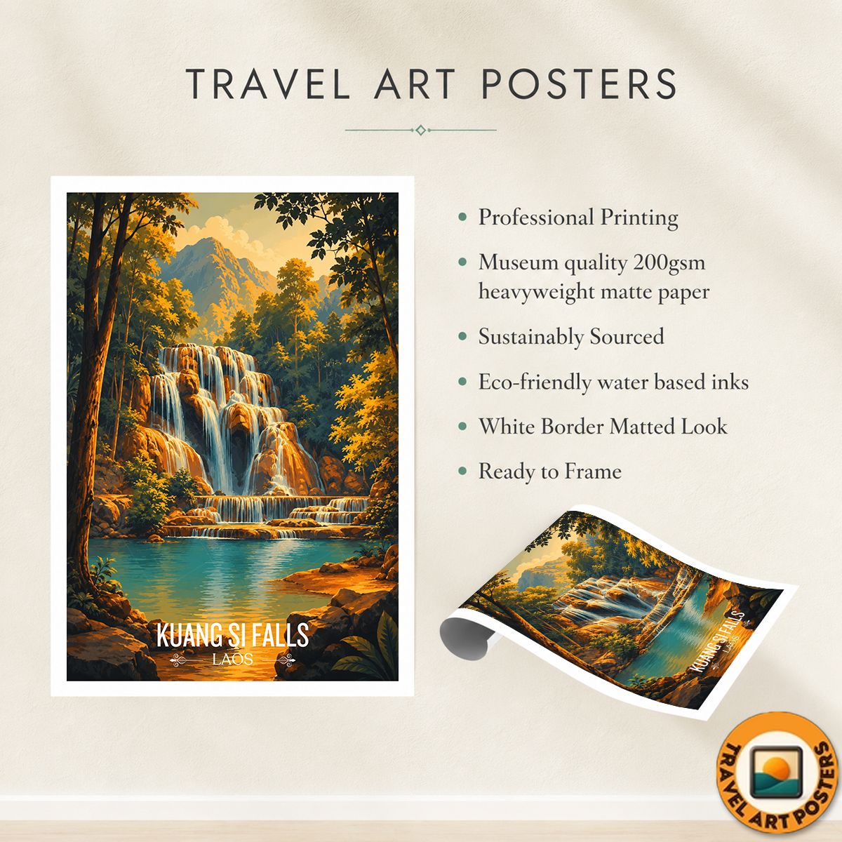 Kuang Si Falls - Laos - Travel Art Wall Decor Poster Print - Art Print - Travel Art Poster