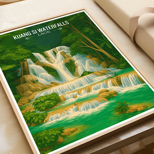 Kuang Si Waterfalls - Laos - Travel Art Wall Decor Poster Print - Art Print - Travel Art Poster