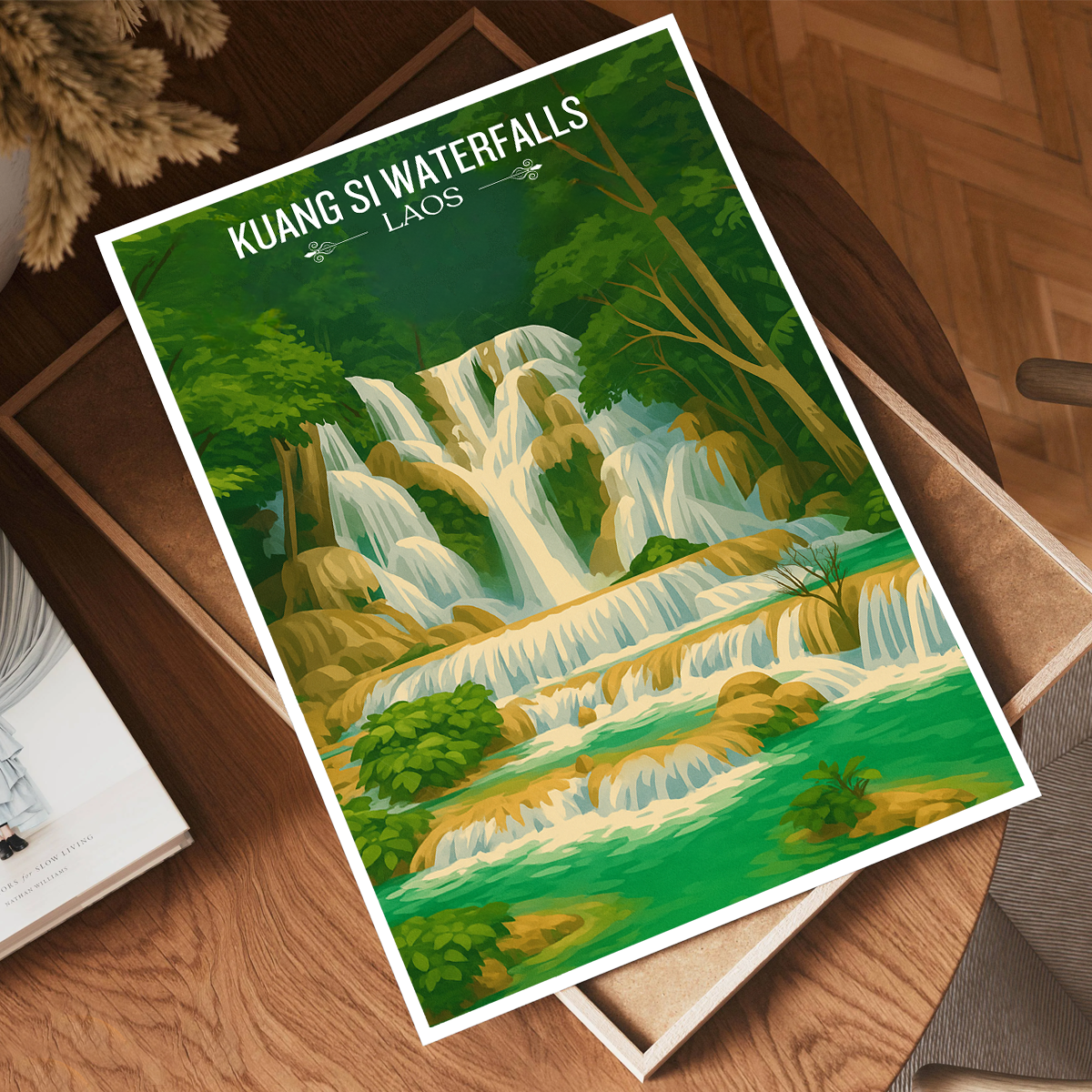 Kuang Si Waterfalls - Laos - Travel Art Wall Decor Poster Print - Art Print - Travel Art Poster