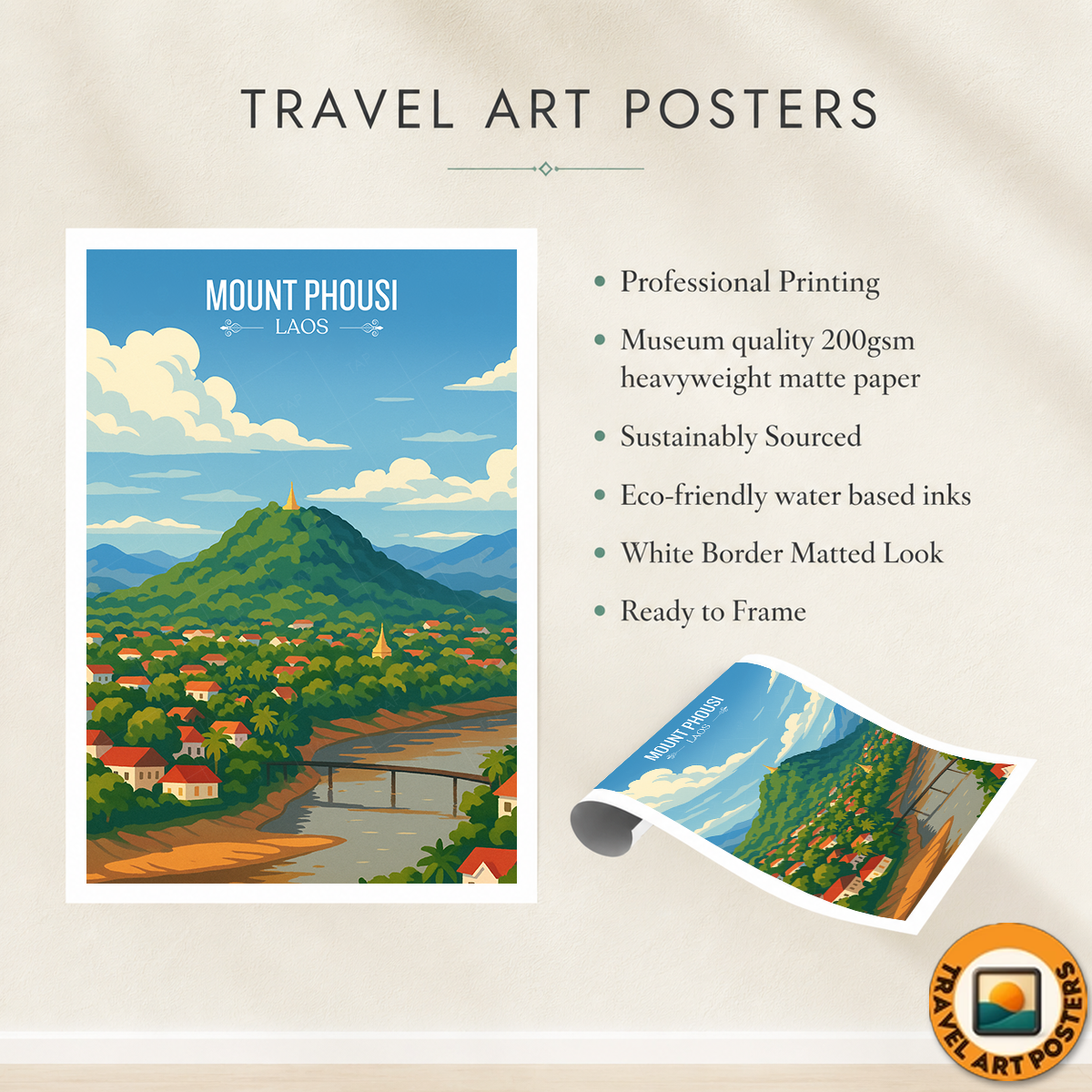 Mount Phousi - Laos - Travel Art Wall Decor Poster Print - Art Print - Travel Art Poster