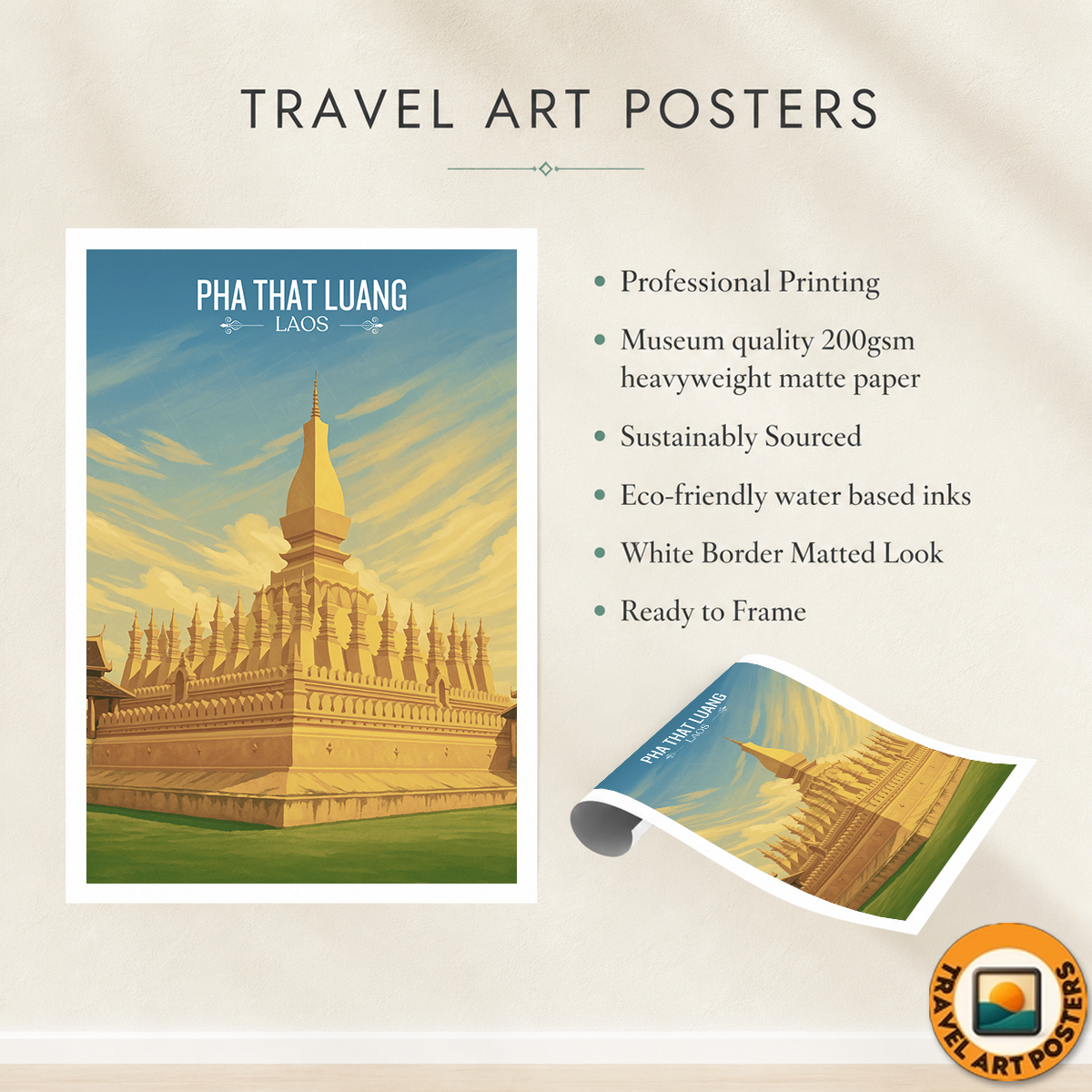 Pha That Luang - Laos - Travel Art Wall Decor Poster Print - Art Print - Travel Art Poster