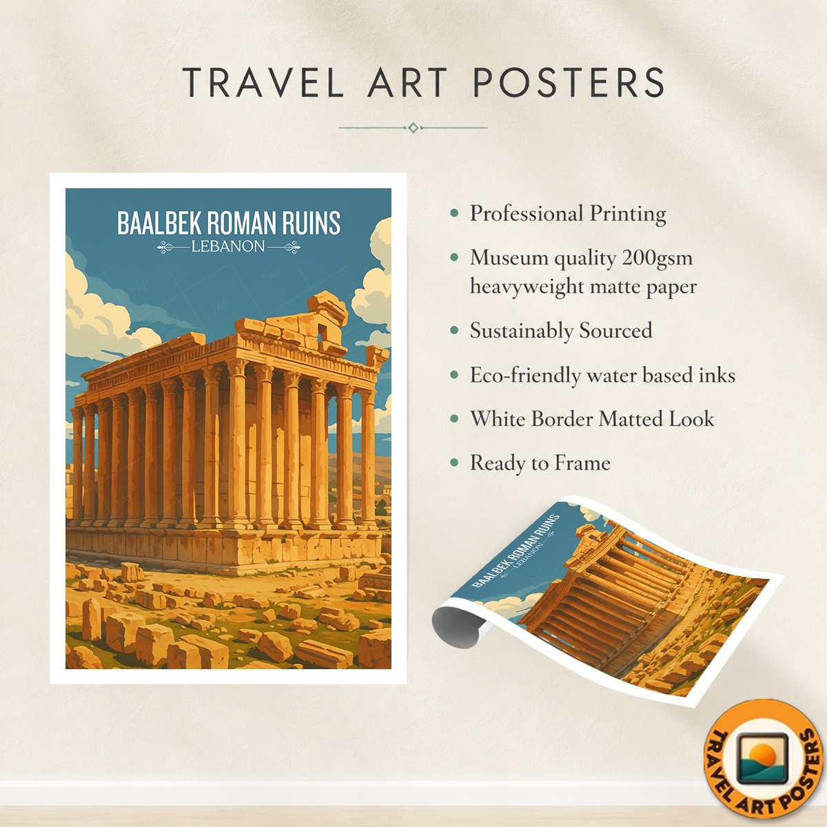 Baalbek Roman Ruins - Lebanon - Travel Art Wall Deco Poster Print - Art Print - Travel Art Poster