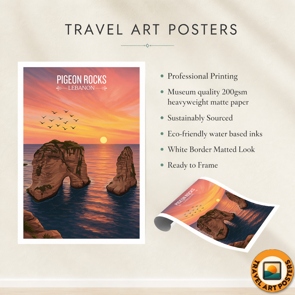 Pigeon Rocks - Lebanon - Travel Art Wall Deco Poster Print - Art Print - Travel Art Poster