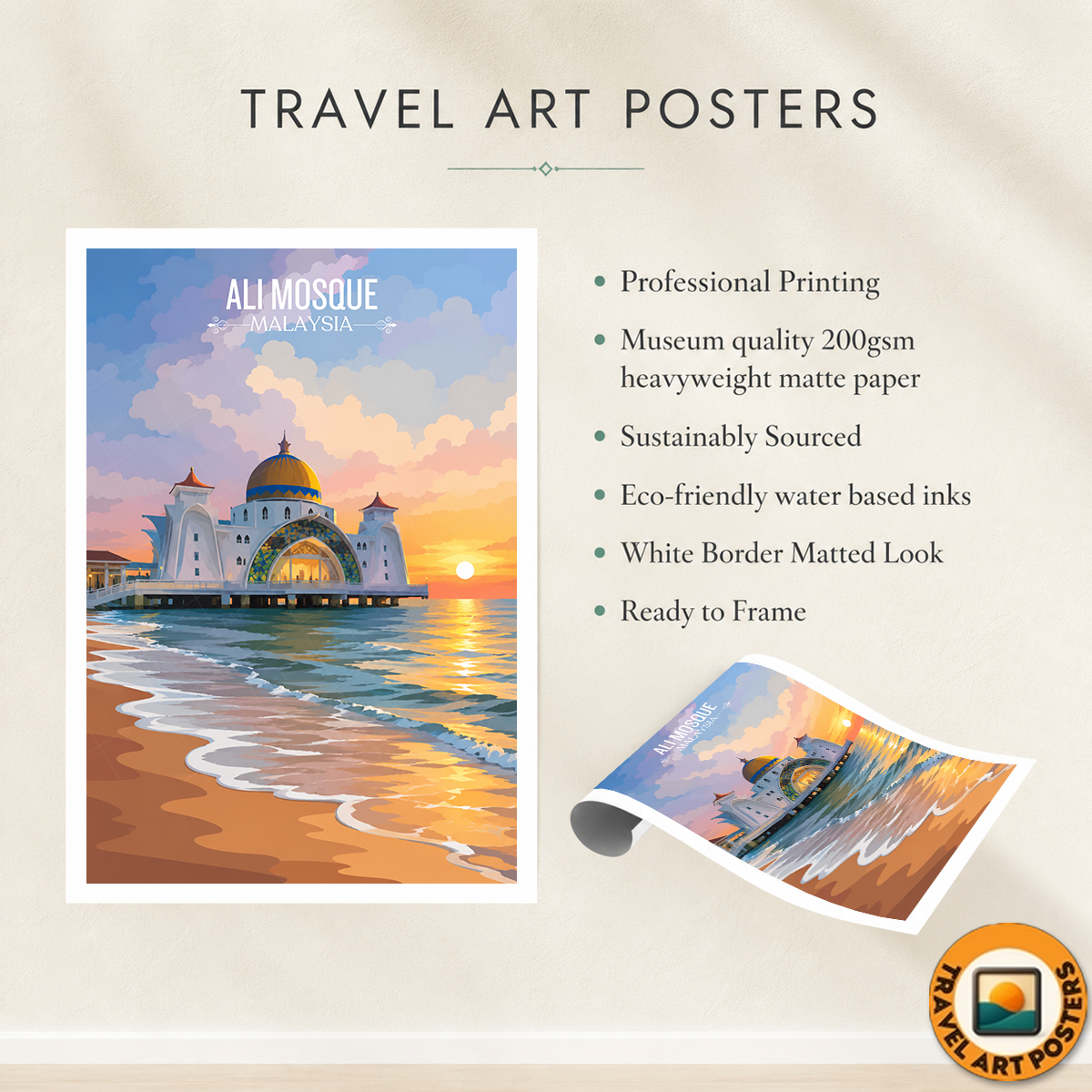 Ali Mosque - Malaysia - Vintage Travel Wall Art Poster Print