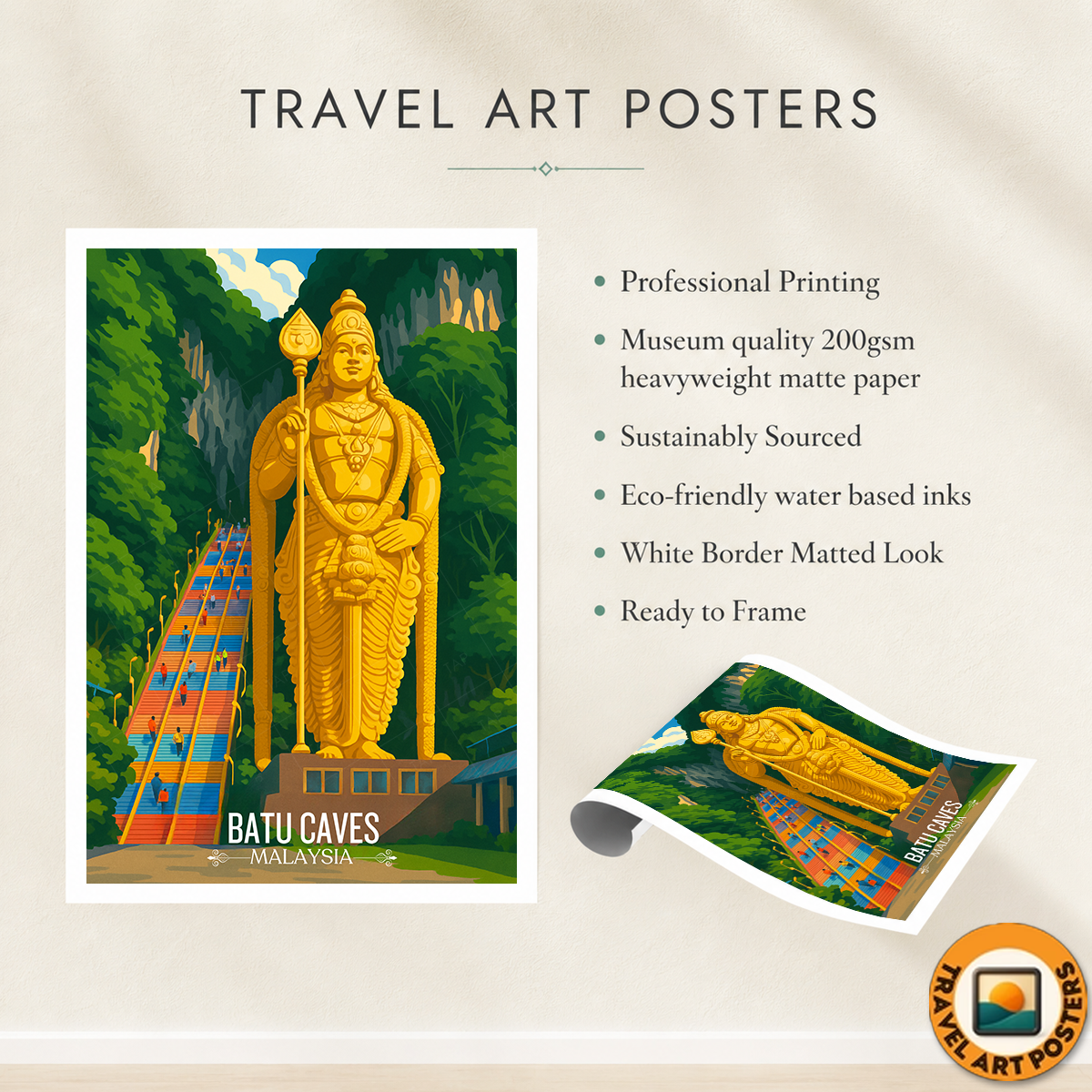 Batu Caves - Malaysia - Vintage Travel Wall Art Poster Print