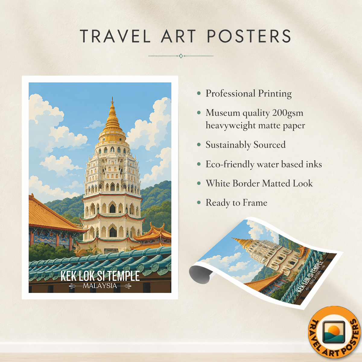 Kek Lok Si Temple - Malaysia - Travel Wall Art Deco Poster Print