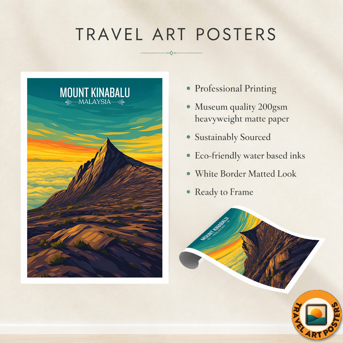 Mount Kinabalu - Malaysia - Travel Wall Art Deco Poster Print