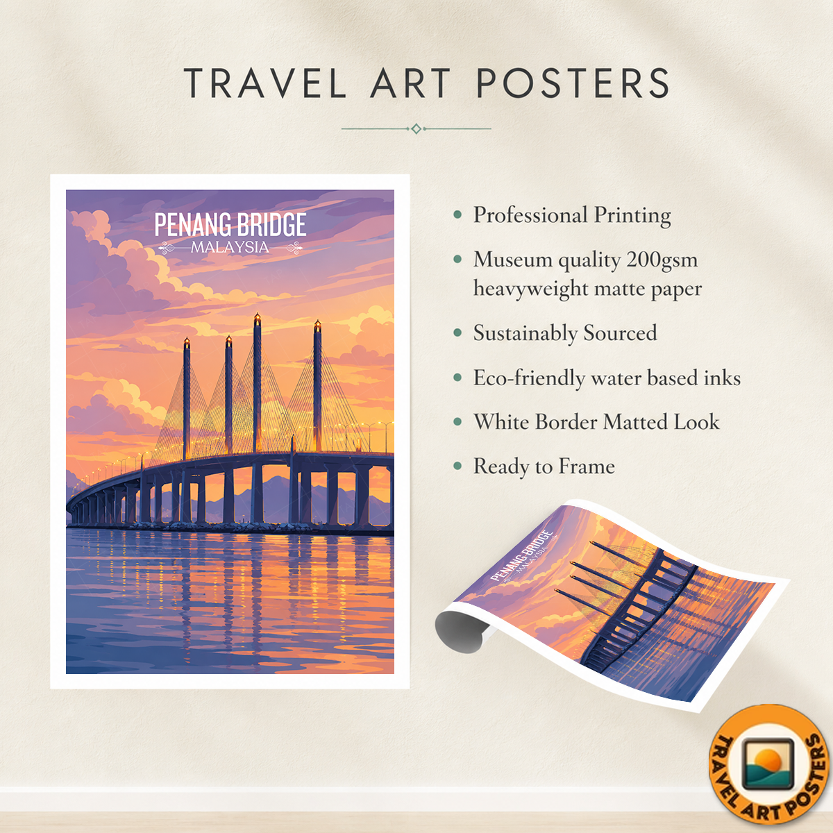 Penang Bridge - Malaysia - Travel Wall Art Deco Poster Print - Art Print - Travel Art Poster