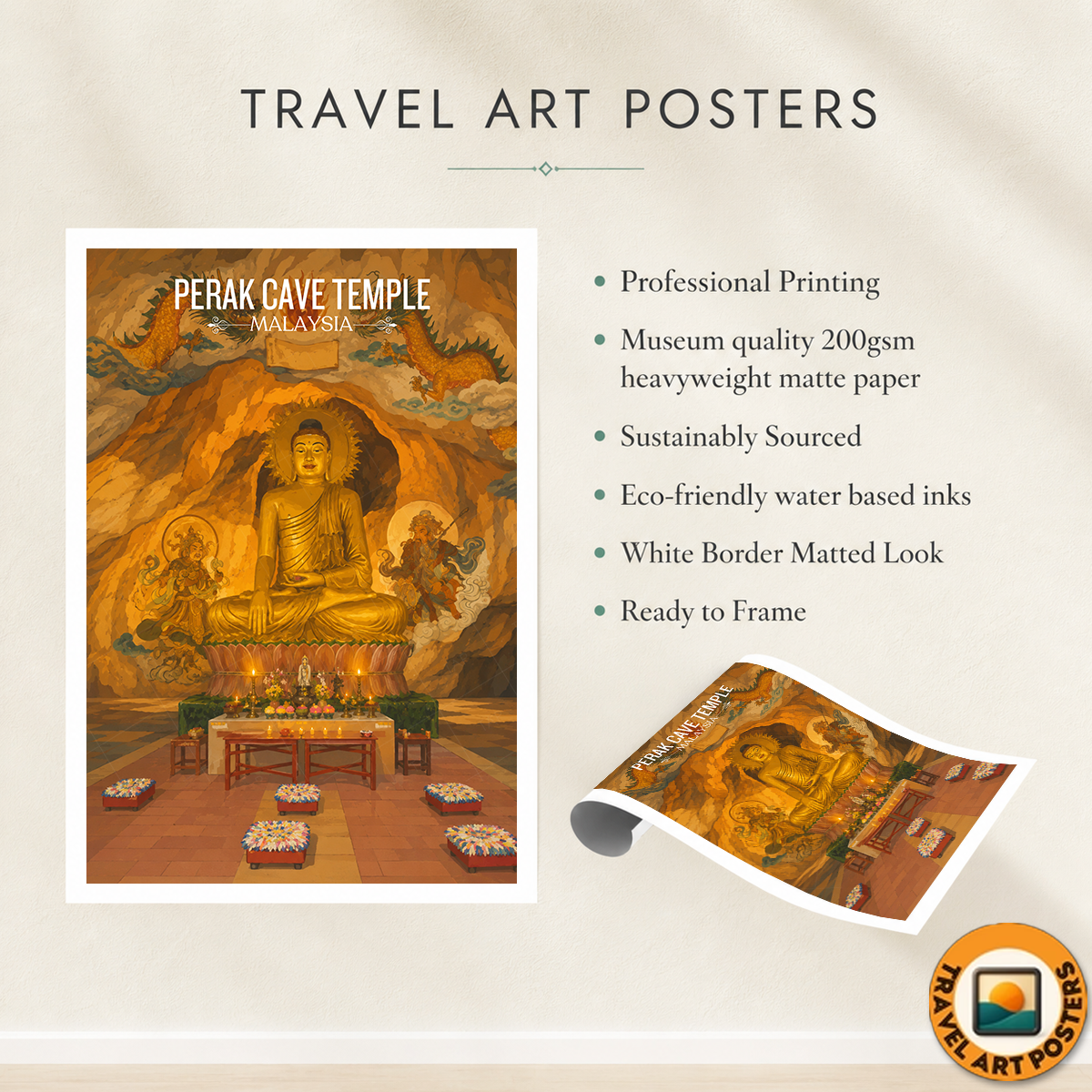 Perak Cave Temple - Malaysia - Travel Wall Art Deco Poster Print - Art Print - Travel Art Poster