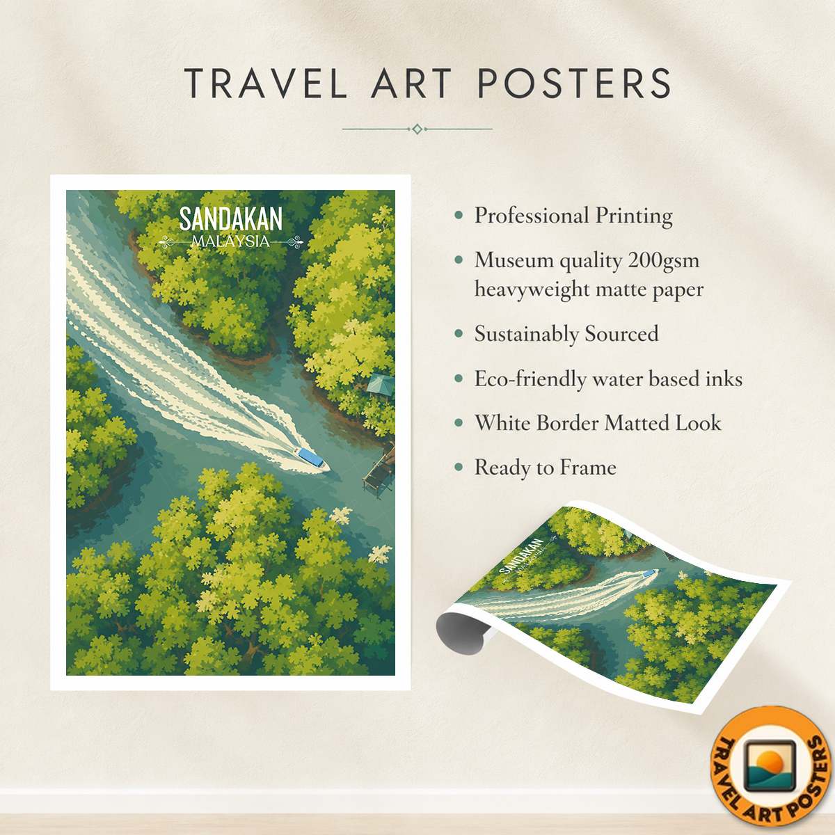 Sandakan - Malaysia - Travel Wall Art Deco Poster Print - Art Print - Travel Art Poster
