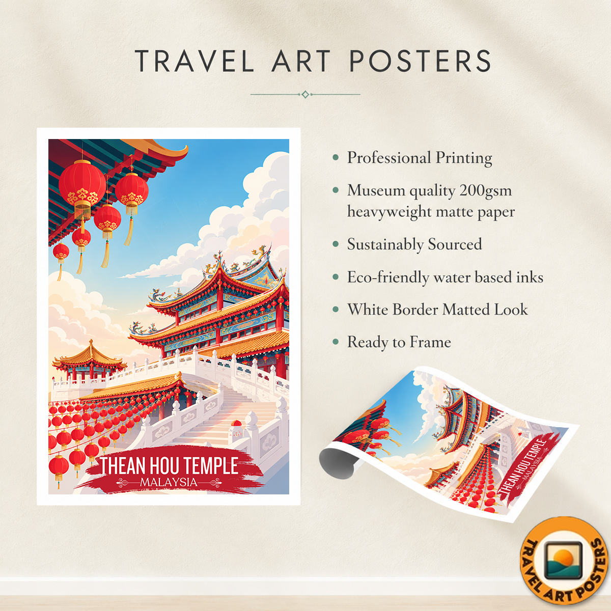 Thean Hou Temple - Malaysia - Travel Wall Art Deco Poster Print - Art Print - Travel Art Poster