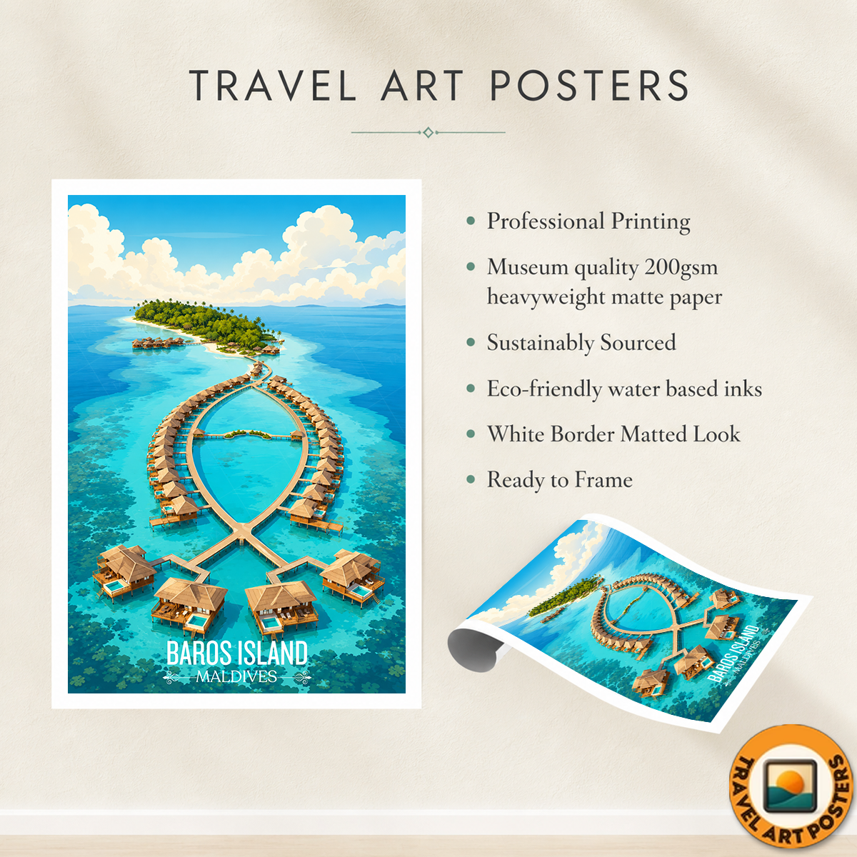 Baros Island - The Maldives - Travel Wall Art Resort Poster Print - Art Print - Travel Art Poster