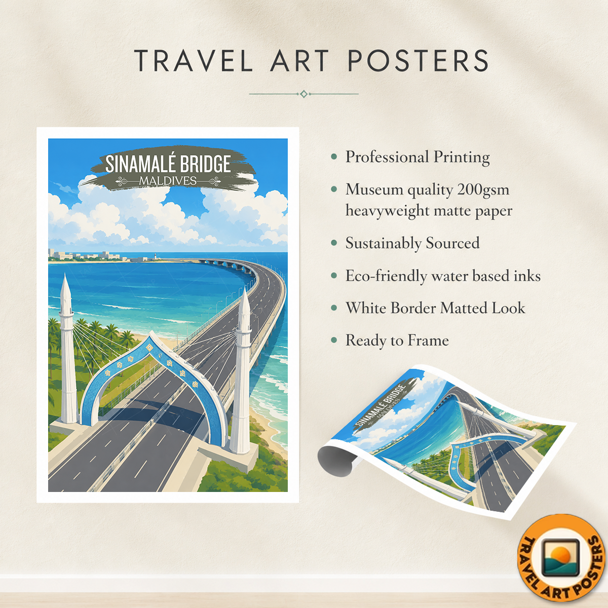 Sinamale Bridge - The Maldives - Travel Wall Art Beach Poster Print