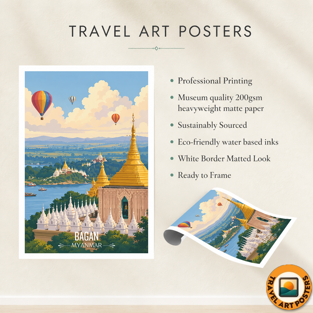 Bagan - Myanmar - Travel Wall Art Deco Poster Print - Art Print - Travel Art Poster