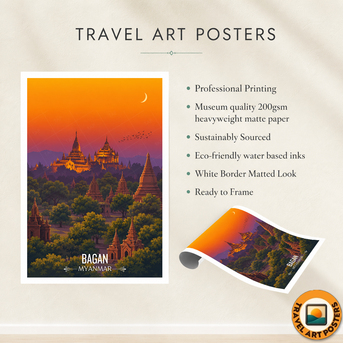 Bagan - Myanmar - Travel Wall Art Deco Poster Print - Art Print - Travel Art Poster